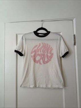 Aritzia Denim Forum Tee with Pink Circular Graphic